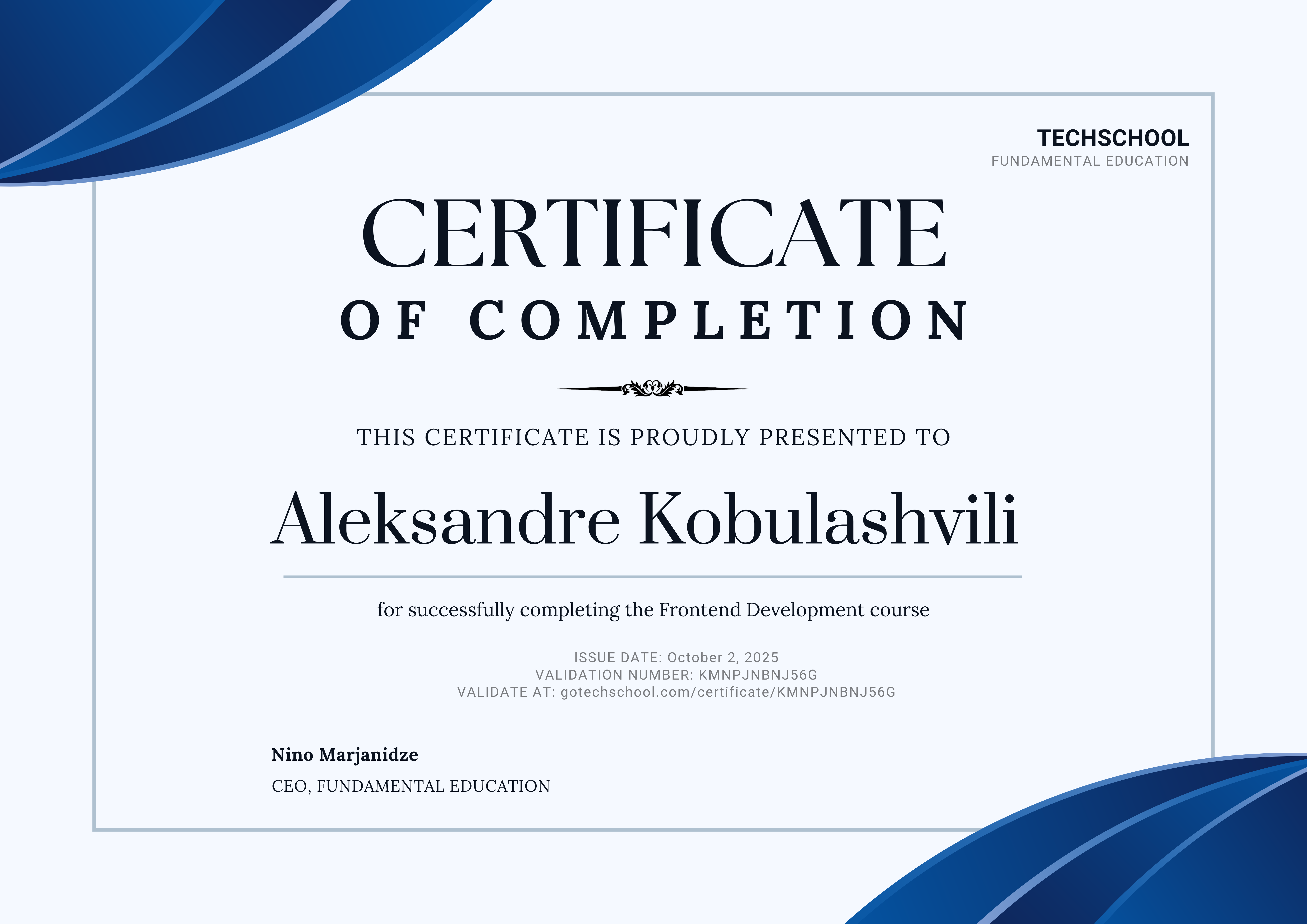 Certificate of Completion for Aleksandre Kobulashvili