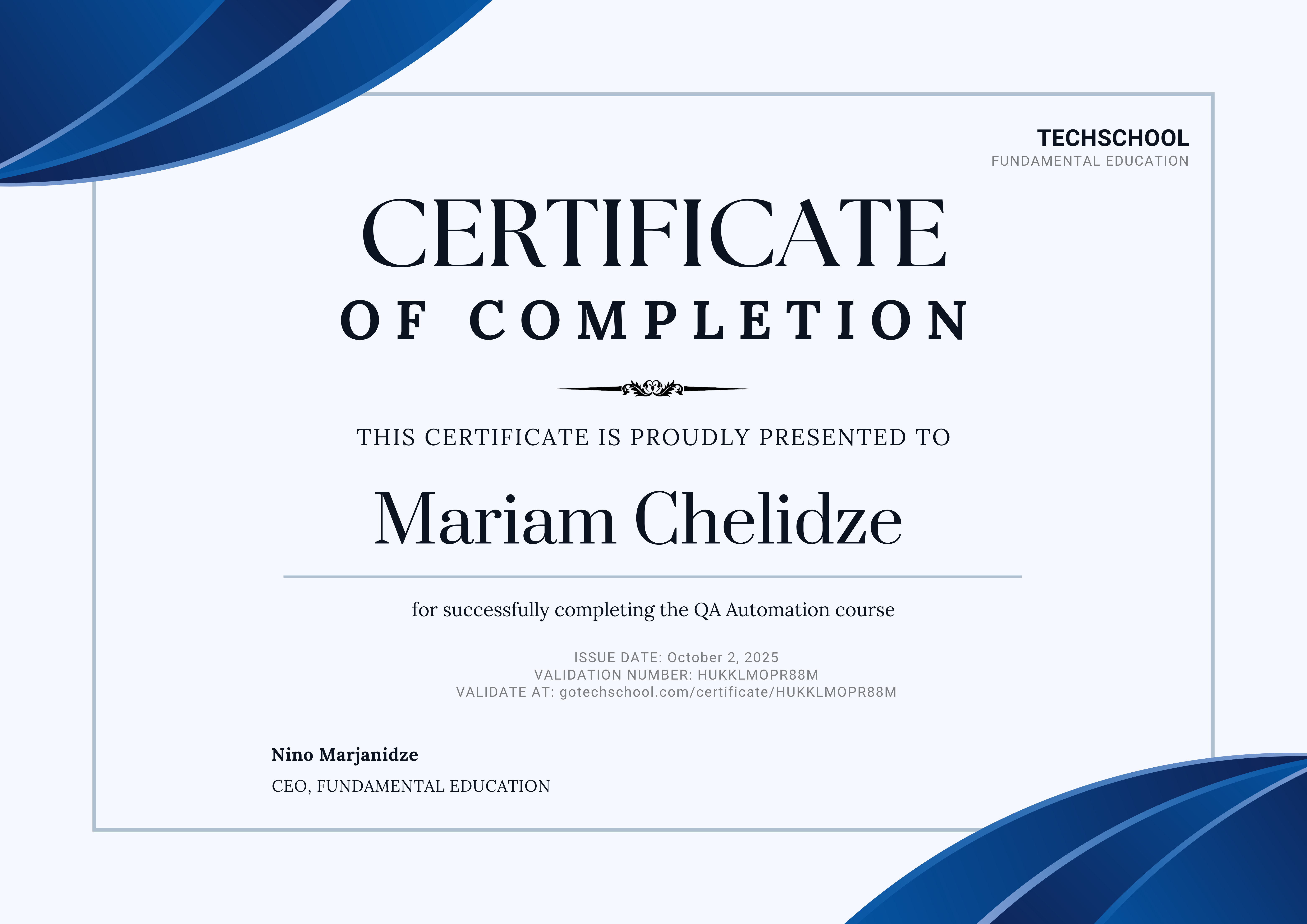 Certificate of Completion for Mariam Chelidze